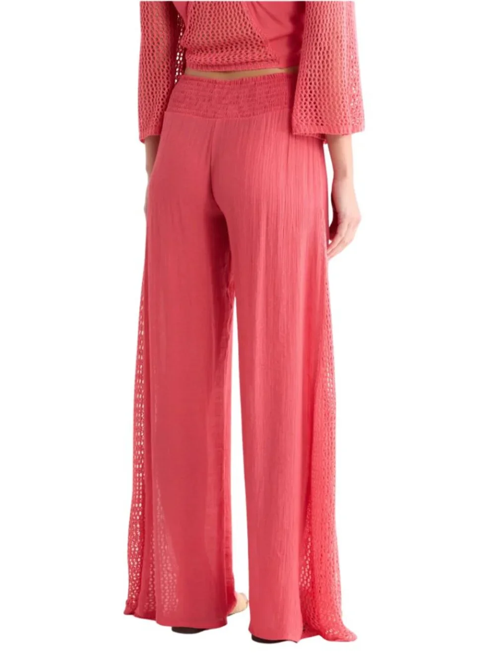 Elan | Tie Front Crocheted Top & Pull On Pants in Coral